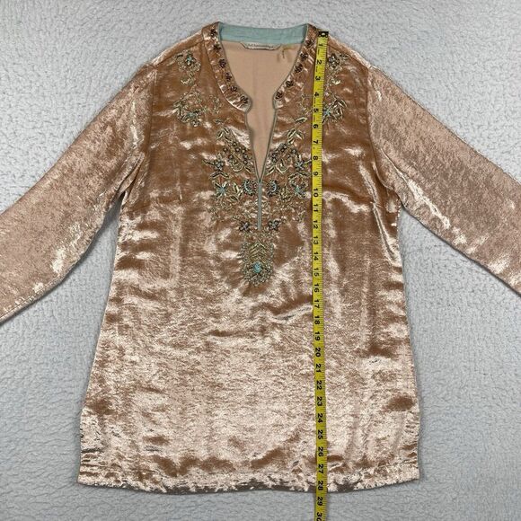 Soft Surroundings Shirt Womens XS Pink Velvet Embroidered Beaded Moroccan‎ Tunic - Picture 8 of 10
